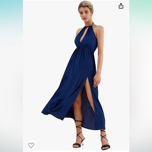 Large CUPSHE V Neck Backless Elastic Waist Maxi Slip Dress with Split Side